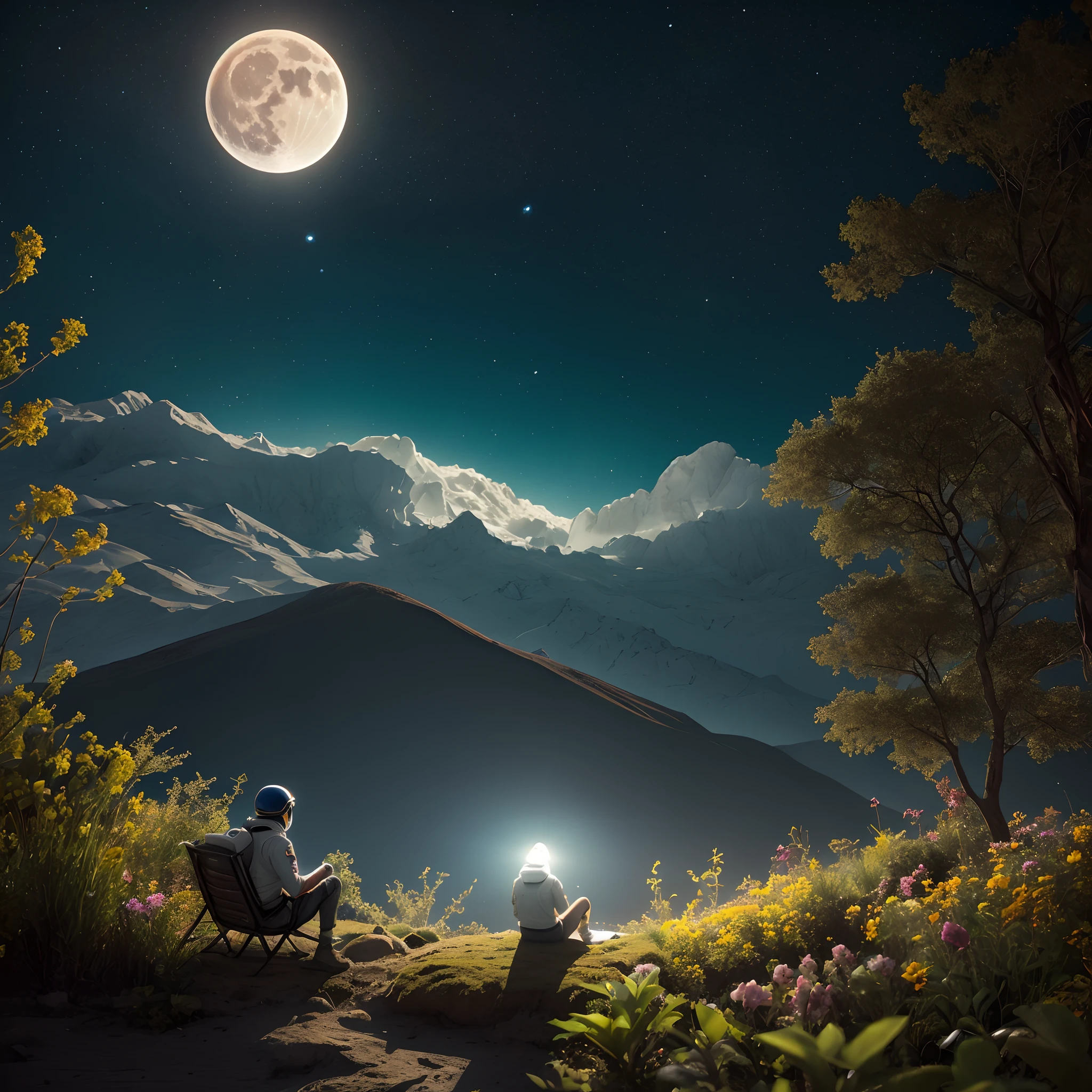 Lost in Luminescence: A lone astronaut rests on the moon, embraced by a garden of celestial glowing flora. Amidst this radiant scene, the Earth hangs in the sky, a distant yet cherished sight. Capture the poignant moment of longing as the astronaut finds solace in the luminous embrace of this lunar oasis while gazing wistfully back at the distant blue and green world they once called home --auto