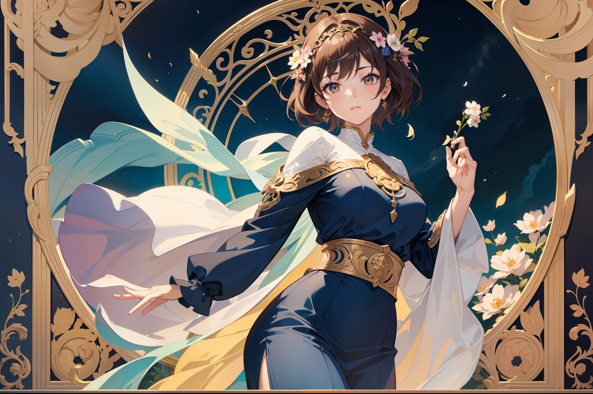 Official Art, Masterpiece European female face,elvish, short hair, lightbrown hair , brown eyes , Flower Frame ,Decorative panel , jugendstil , (masterpiece、top-quality、hight resolution: 1.4),in 8K, Drawing of a woman with short lightbrown hair, Anime Art Nouveau, highly detailed exquisite fanart, anime fantasy illustration, clean detailed anime art, detailed anime art, Sharp Focus, Delicate Beautiful Hair and Eyes and Face, realisitic, ultra-detailliert, a beauty girl, fairy