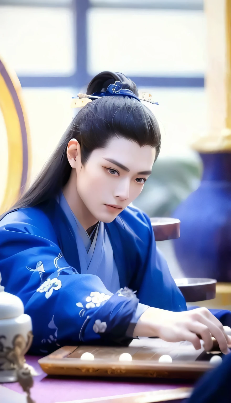 ancient wind,Young men,Long black hair,Play Go,ssmile,heise jinyao, Inspired by Zhang Han, Handsome prince, young wan angel, In the blue robe, Inspired by Seki Dosheng, nanquan, zhao yun, xianxia hero, inspired by Gu An, Hanfu, Wearing a blue robe, longque chen, Yan