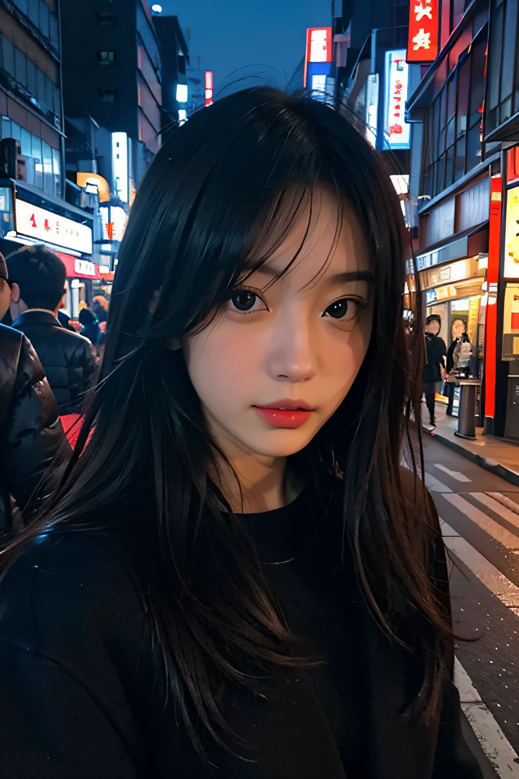 Tokyo street view,the night,City view,City lights,upperbody closeup,8K分辨率,best qualtiy,Masterpiece level,Photos with realistic details。