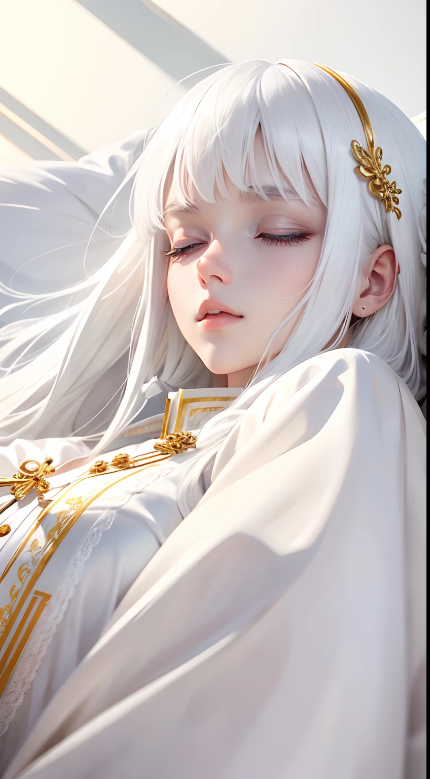 best quality, white hair, gold eyes, white clothes, looking up, hair strand, Fair skin, sleeping