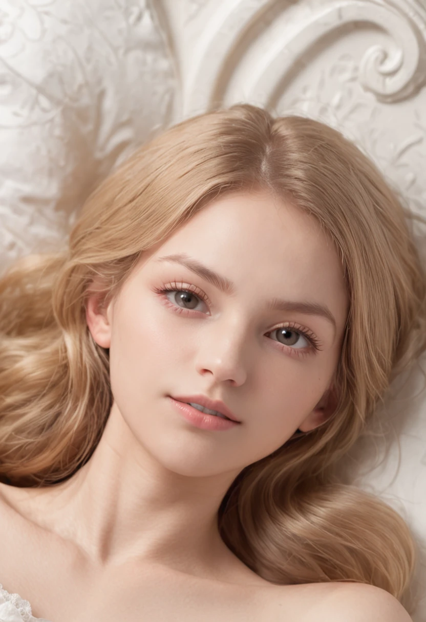 Light hair light eyes fleshy lips masterpiece super definition maximum resolution very detailed clean skin whole body slender beautiful face young girl of 15 years lying on the bed on her back constricting legs wide open nude