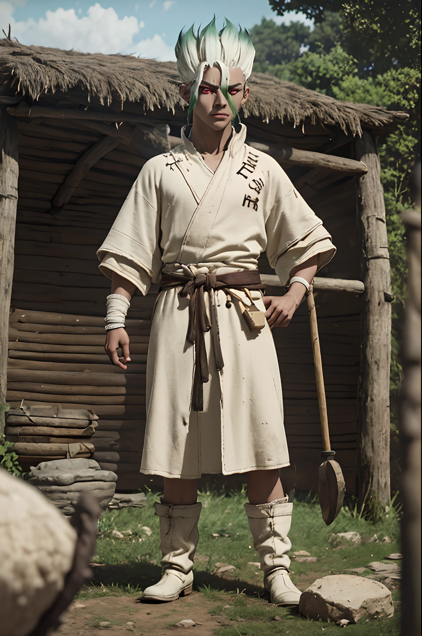 ishigami_senkuu, dr. stone, gradient hair from white to green, light red eyes, leather white robe, ancient white waist bag, leather eskimo boots, white cloth around the wrist, stone age, clay forge, wooden hut, stone axe, stone hammer, masterpiece, intricate detailed, hyperrealistic, cinematic, 8K, perfect composition, high contrast, highres, unreal engine 5, cinematic light, professional lighting,