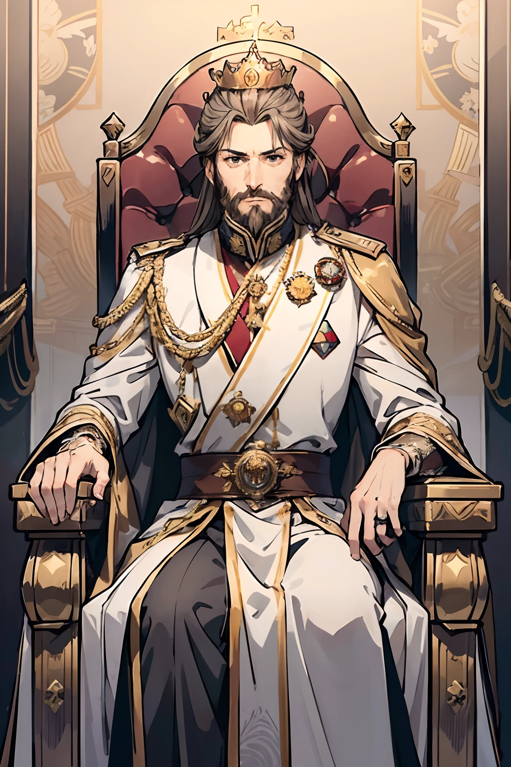 King, King's uniform, royal cloak, royal clothing, white grey gold clothing, adult, 45 years old, brown eyes detailed eyes, dark blond grey hair, very short hair, tall, beard, royal pose, masculine pose, golden crown, rings, masterpiece, royal background, throne room, Castle