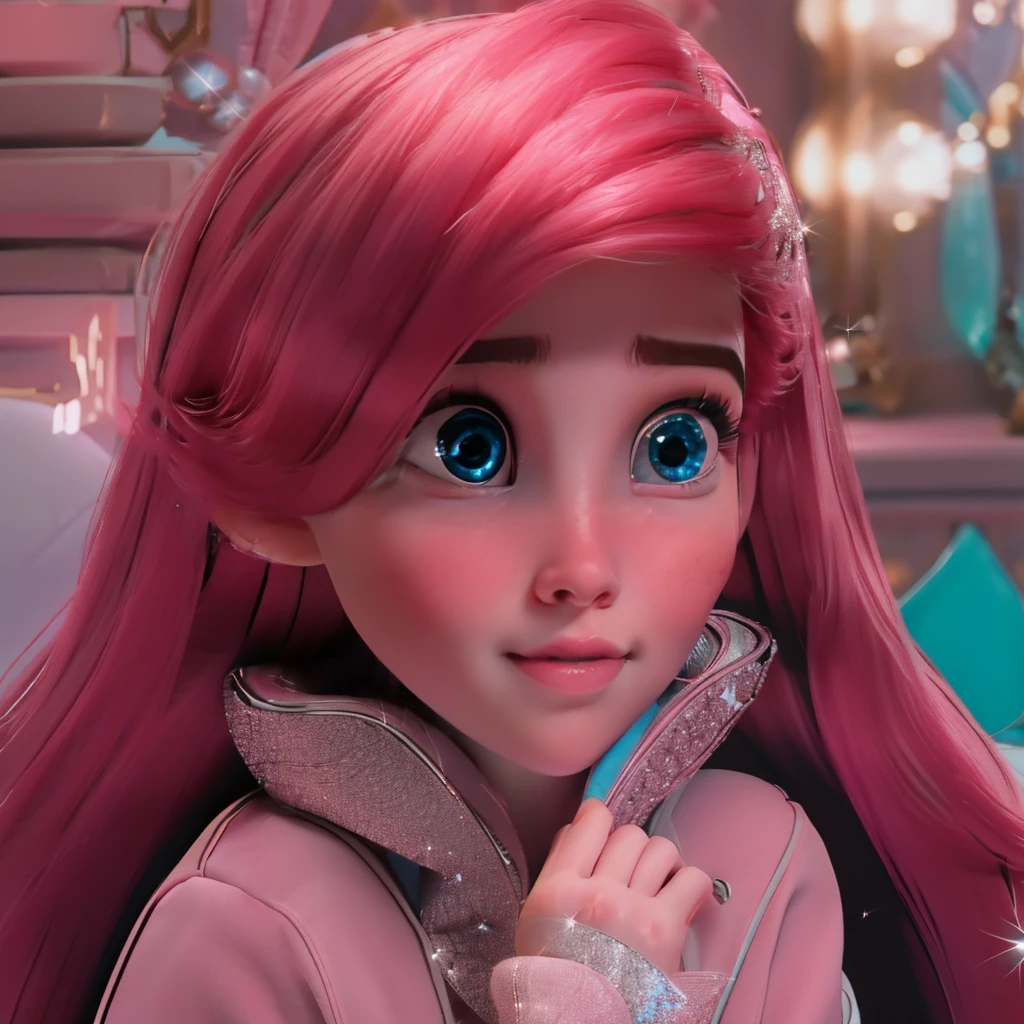 A girl in a sad mood with her face down portrait, high quality pictures, pretty face, good proper hands, wearing a pink hoody, sparkling face, sparkling eyes, sparkling lips