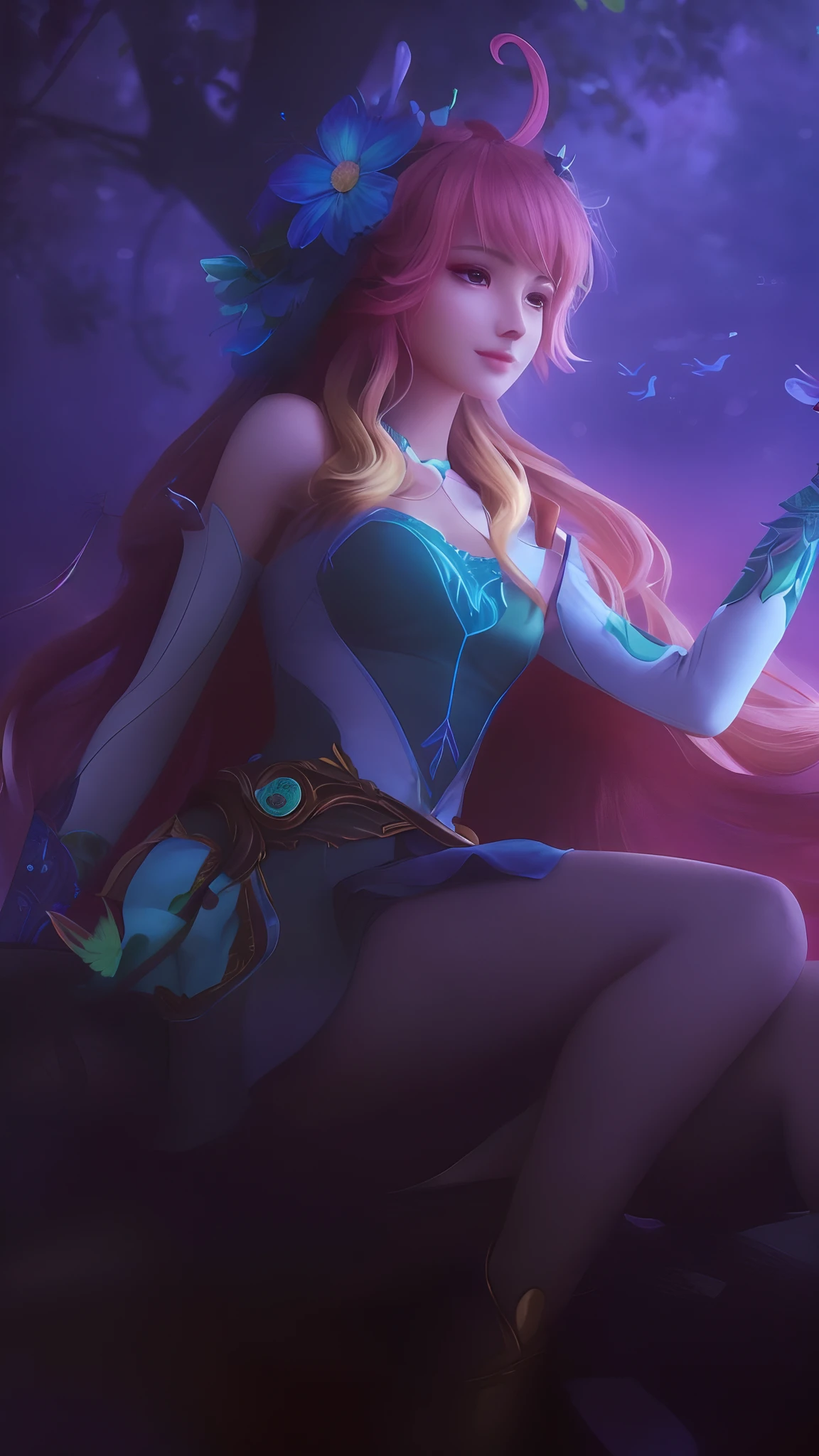 there is a woman sitting on a tree branch holding a bird, full body, perfect dark light, extremely detailed legs, extremely detailed hand, extremely detailed face, cute face, cute nose, beautiful face, smile, 8K, 32K, ultra detailed, extremely high quality, super detailed