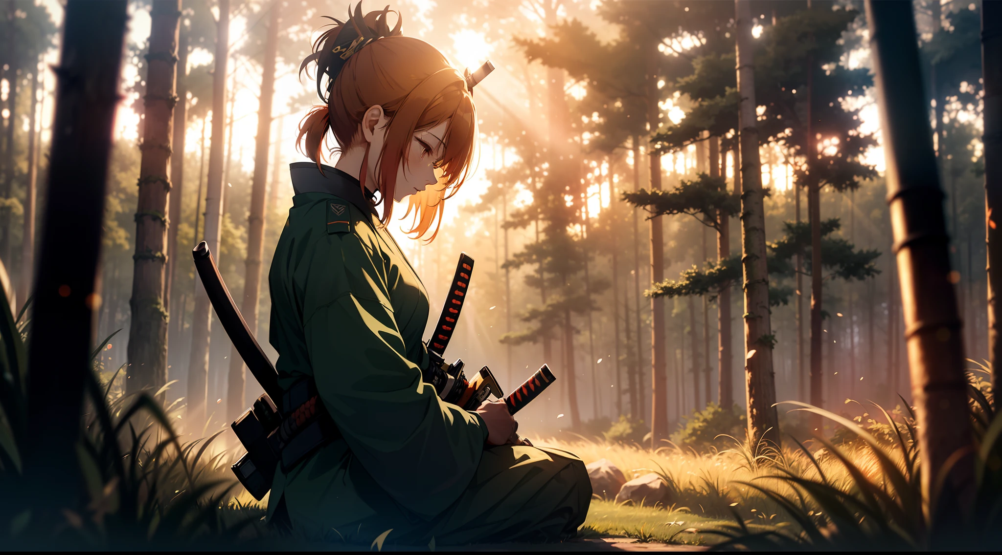 a woman in samurai uniform is sitting in a grassy forest when the sun is touching the horizon, she is looking at the ground and weeping in sadness with a katana by her side, We can see her side face, She is looking down at the ground, (((fully covered in uniform))), Specs of dust, ((cinematic)), visual clutter, She has a sword(katana) by her side. (Tall grass), Depressing mood, Volumetric lighting, God rays, Ray tracing, (((Bokeh, Depth of field))), Blur background, (((Gloomy))), Very gloomy environment, Sun is going down, Lonliness is setting in, (reddish-orangish tone), ((bokeh)), (((anatomically correct)))