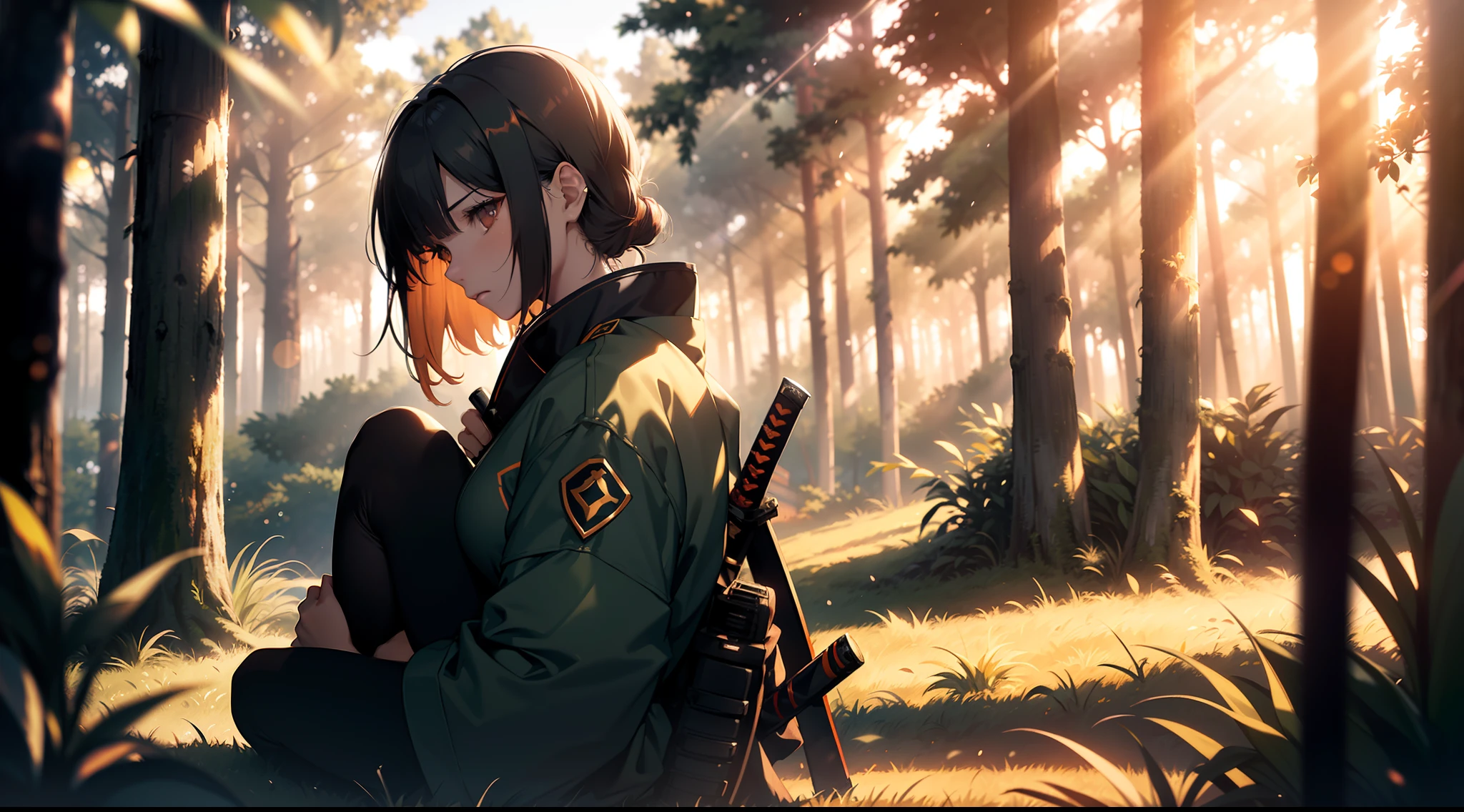 a woman in samurai uniform is sitting in a grassy forest when the sun is touching the horizon, she is looking at the ground and weeping in sadness with a katana by her side, We can see her side face, She is looking down at the ground, (((fully covered in uniform))), Specs of dust, ((cinematic)), visual clutter, She has a sword(katana) by her side. (Tall grass), Depressing mood, Volumetric lighting, God rays, Ray tracing, (((Bokeh, Depth of field))), Blur background, (((Gloomy))), Very gloomy environment, Sun is going down, Lonliness is setting in, (reddish-orangish tone), ((bokeh)), (((anatomically correct)))