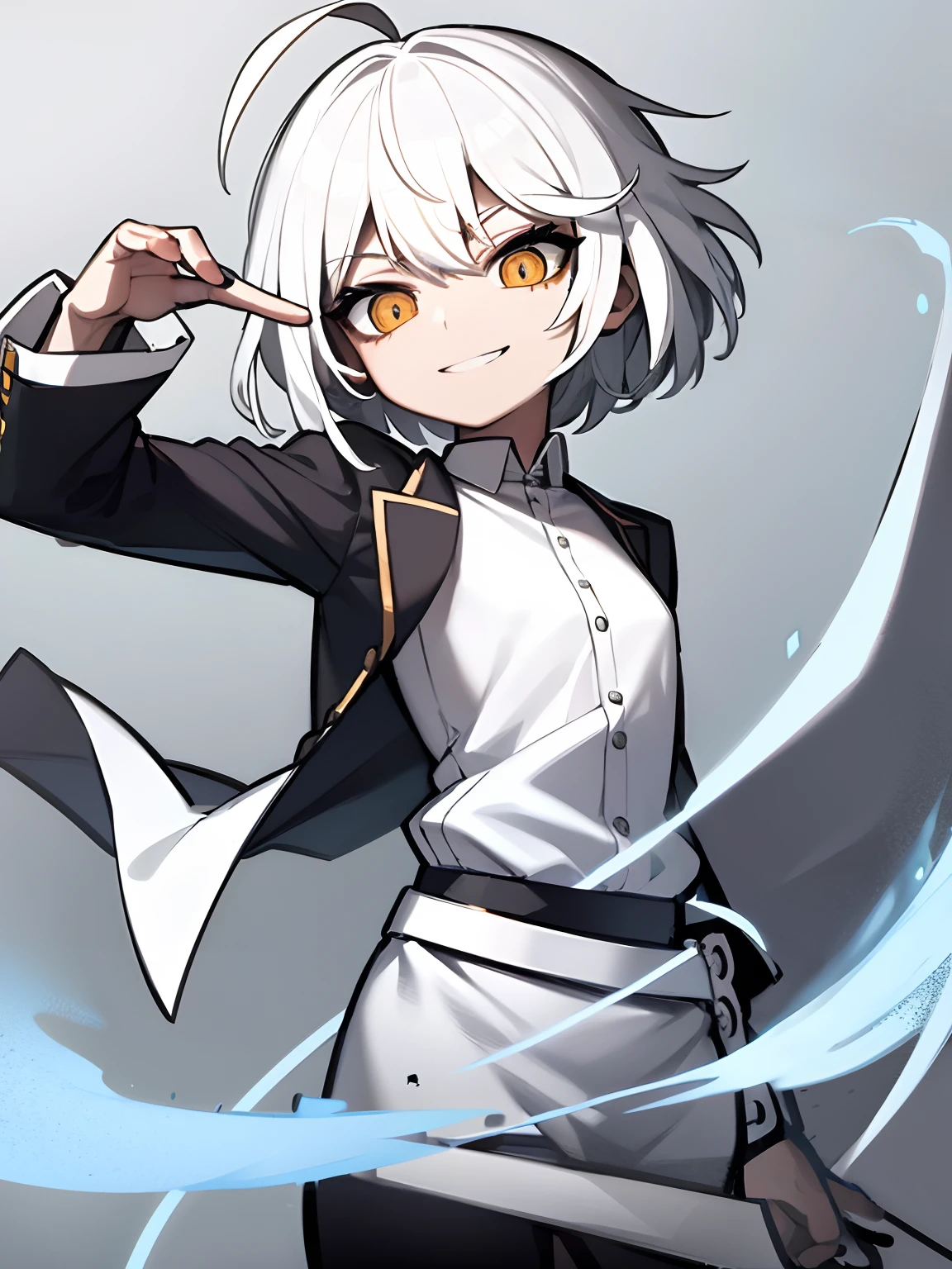 ((masterpiece、top-quality))、(独奏)、(female focus)、(Ahoge、white hair、short-hair)、Black eye、lightsmile、placket、(White shirt)、(buttonGap)、(Black skirt)、is standing、White background、back arms、Dynamic Angle Front