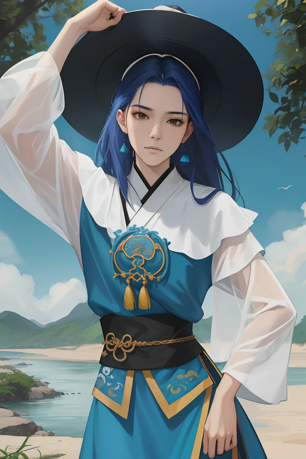 NSFW, obra-prima, melhor qualidade, ultra-detalhado, semi-realista, detailedfacialfeatures,4 mulheres,formosa mulher usando roupa antiga feminina hunfa wuxia,cabelos compridos,cor negros,mulher atrente e sexy,seios grandes,voluptuosa,roupas cor azul marinho,arrogante e impiedosa, Dominant appearance,standing imposingly near the banks of a river where a Chinese dragon dwells.
