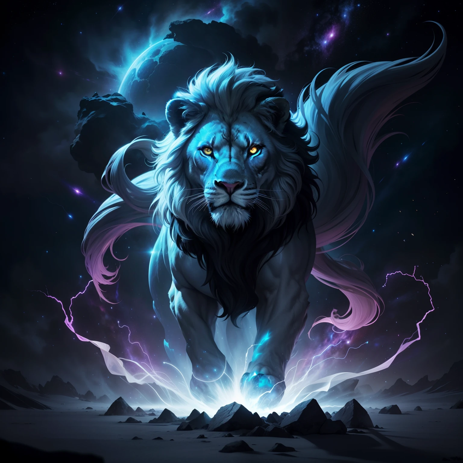 Leonus, Star Eater, cosmic, lion, white dust cloud, cosmic rays, piercing eyes, devouring planets, imposing, frightening, undulating coat of stars, sharp claws like comets, deafening stellar roar, pulsating cosmic energy, sinister glow in the eyes, insatiable hunger for planets, clouds of white dust in constant motion, colossal size, dominant and terrifying presence, menacing aura, vortices of cosmic energy around the body, flaming manes like stellar flames, bright constellations in the fur, dark and mysterious appearance, celestial fury, immeasurable force, cosmic destruction, defiance to the balance of the universe, symbol of stellar annihilation, universal fear, intergalactic predator, celestial shadows, devouring cosmic essence, astral voracity, evil radiance, elegant and deadly movements, silent and inexorable threat, celestial body in the shape of a lion, avenger of the cosmos, transcending the limits of existence, called the distant stars.
These updated parameters reflect the cosmic lion, Leonus, with its white dust cloud body, giving it an albino and mysterious appearance.