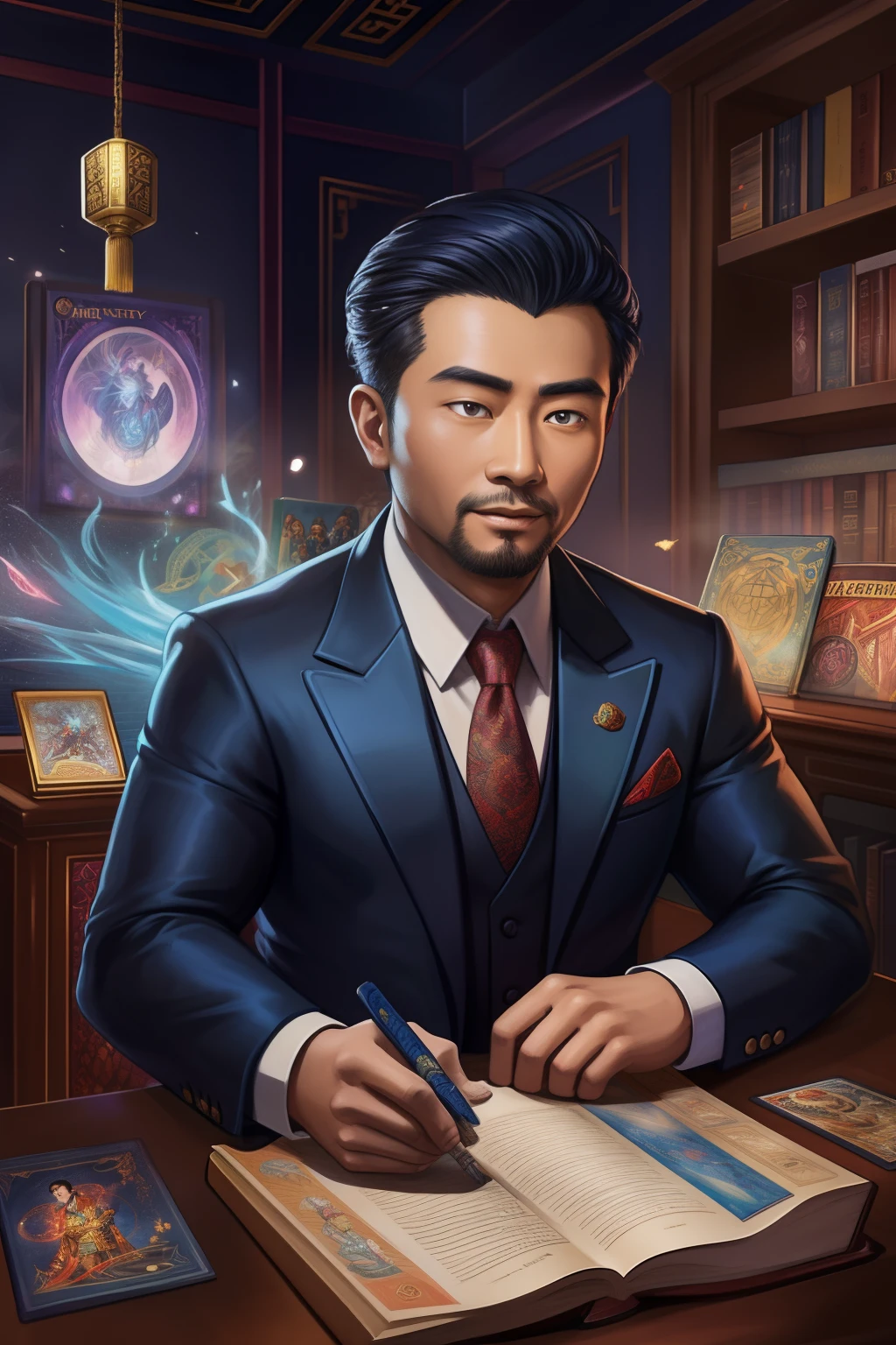 A detailed painting depicting a handsome, mature Asian man in a suit surrounded by a flurry of glowing Magic The Gathering cards and the book Dungeons and Dragons in the center.