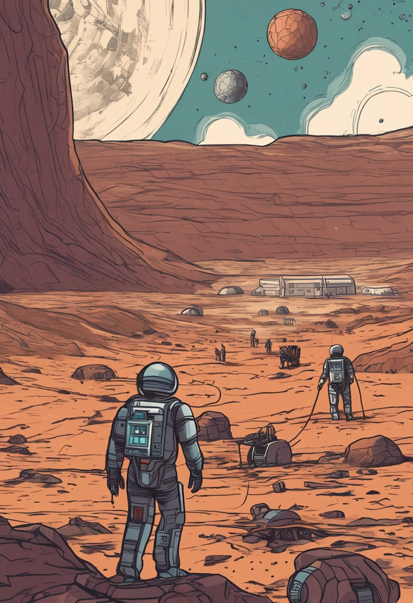 First colony on Mars with residents inside watching a robot on an expedition in search of water on Mars, From inside the spaces they watch through screens as the robot digs.