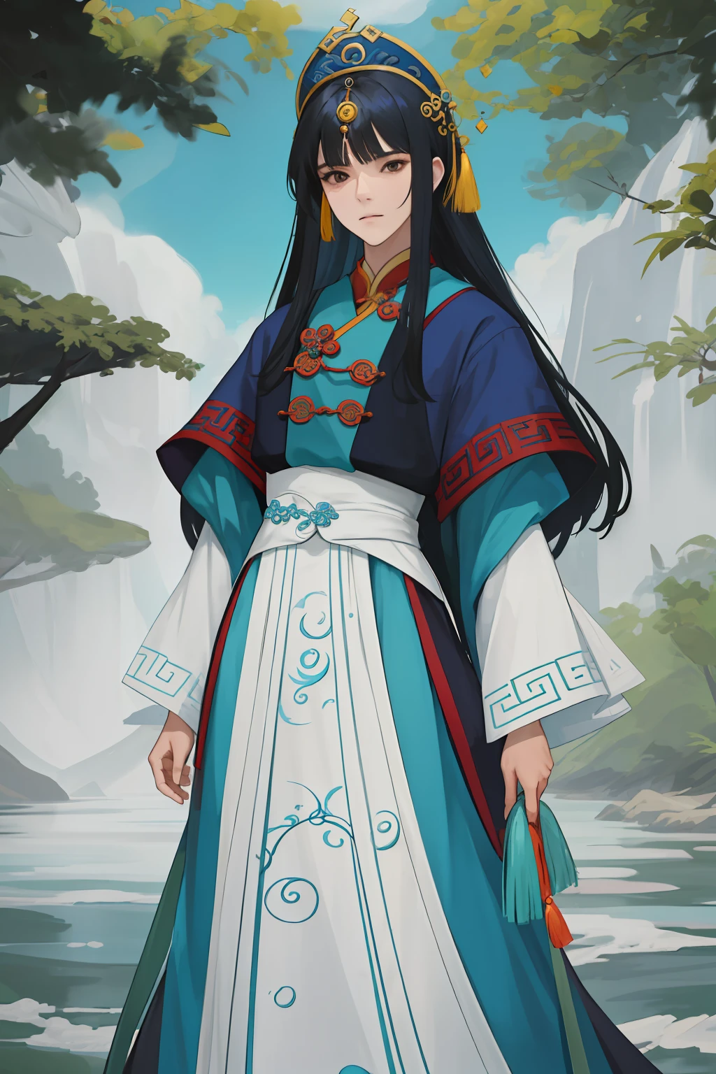 NSFW, obra-prima, melhor qualidade, ultra-detalhado, semi-realista, detailedfacialfeatures,4 mulheres,formosa mulher usando roupa antiga feminina hunfa wuxia,cabelos compridos,cor negros,mulher atrente e sexy,seios grandes,voluptuosa,roupas cor azul marinho,arrogante e impiedosa, Dominant appearance,standing imposingly near the banks of a river where a Chinese dragon dwells.