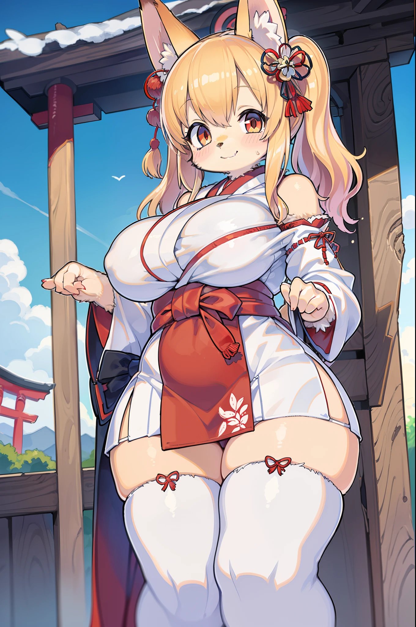 Fox Woman、body covered with fur、huge-breasted、kawaii、shrine maiden、Japan white clothes,Red Hakama、torii gate,summer day、From below、Wide Shot、Very Wide Shot、A big smile