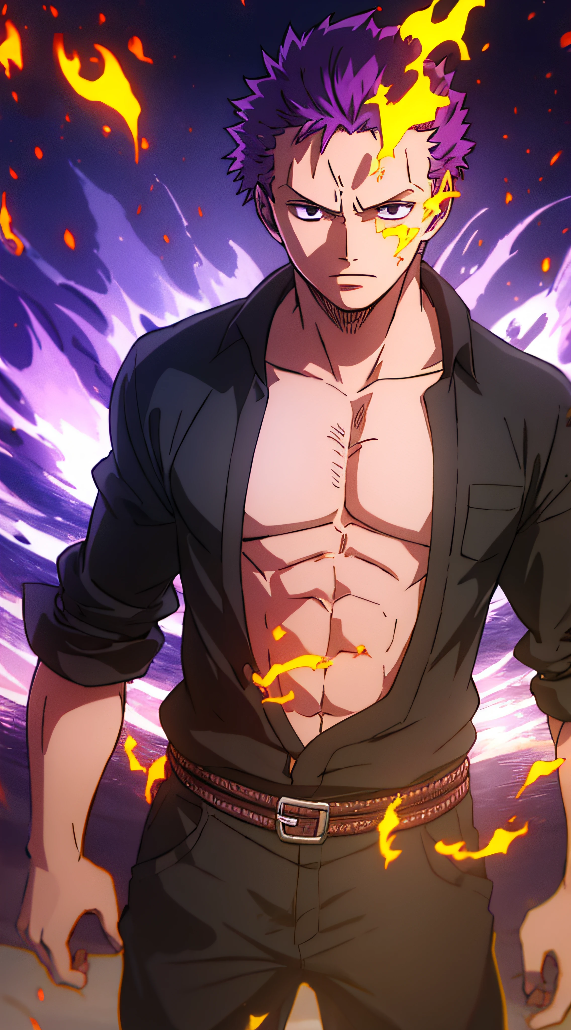 1boys, wanostyle, Roronoa Zoro, look viewer, Whole Body, ((masterpiece)), (Best quality), (Extremely detailed), Depth of field, sketch, dark intensive shadows, Sharp focus quality, hdr, Colorful, Good composition, Purple flames, spectacular, Closed shirt, Anime screenshots, getting ready to fight, Dark eyes，deep of field，ocean background，ship，sunrays，black clothes, purple hair