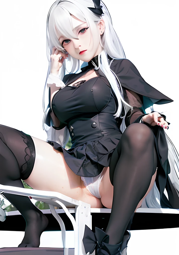 anime girl sitting on a bench with her legs crossed, from girls frontline, in dress, perfect white haired girl, small curvy loliire, white haired deity, fine details. girls frontline, zerochan art, white haired, 2b, 2 b, from arknights, white haired lady, girls frontline style, official art, seductive anime girl, no pants, no bra, no dress, oppai, see through