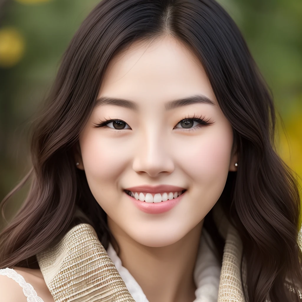 Hyperrealistic young woman 23 years old，Dark brown hair with a wavy shawl，Liu Yuemei，Super-godly eyes，long eyelasher，Eye level，Small dimples，Smile and smile，Ultra-detailed face，Ultra-detailed eye depiction，Expose the collarbone，Protruding chest，Crop topping，Textured skin