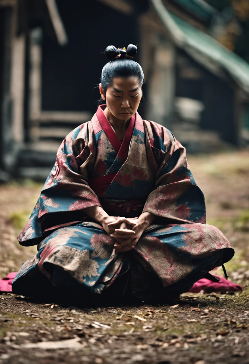 Japanese samurai half-squat, bowed her head, closed her eyes, and had a sad expression