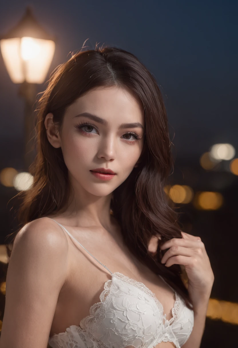 ((Midnight, Best quality, 8k, Masterpiece :1.3)), Whole body, Long legs, Sharp focus :1.2, A pretty woman with perfect figure :1.4, Slender abs :1.1, ((Dark brown hair, Big breasts :1.2)), (White tight tshirt, Jean bib, Standing:1.2), ((Night city view, Rooftop:1.3)), Highly detailed face and skin texture, Detailed eyes, Double eyelid Boudoir style half body portrait for magazine publication. Wearing black lacy lingerie dark room, dark lighting