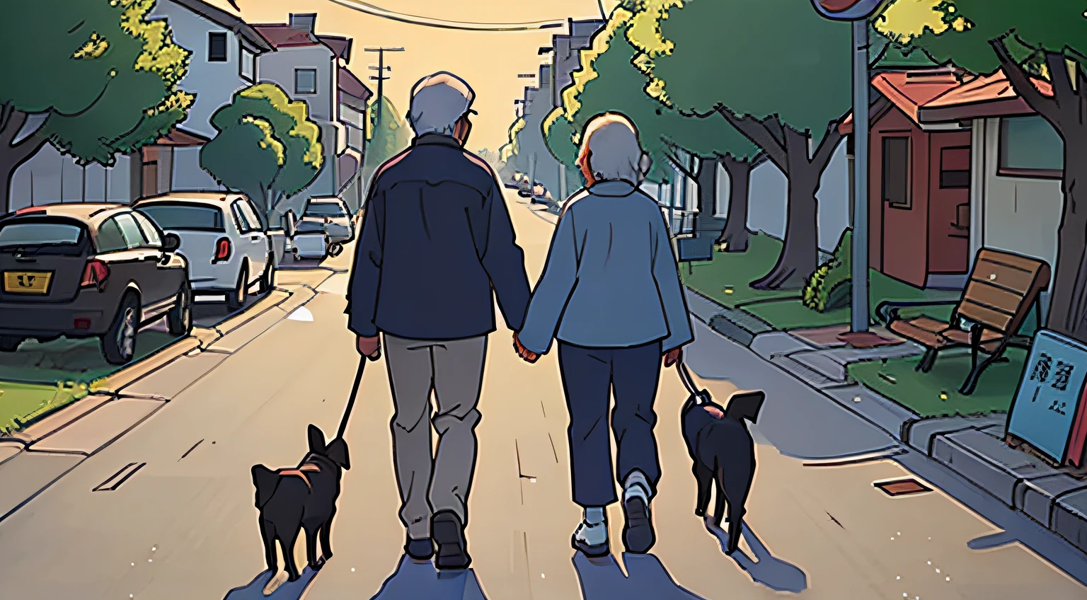 Elderly couple walking their dog、Rear view