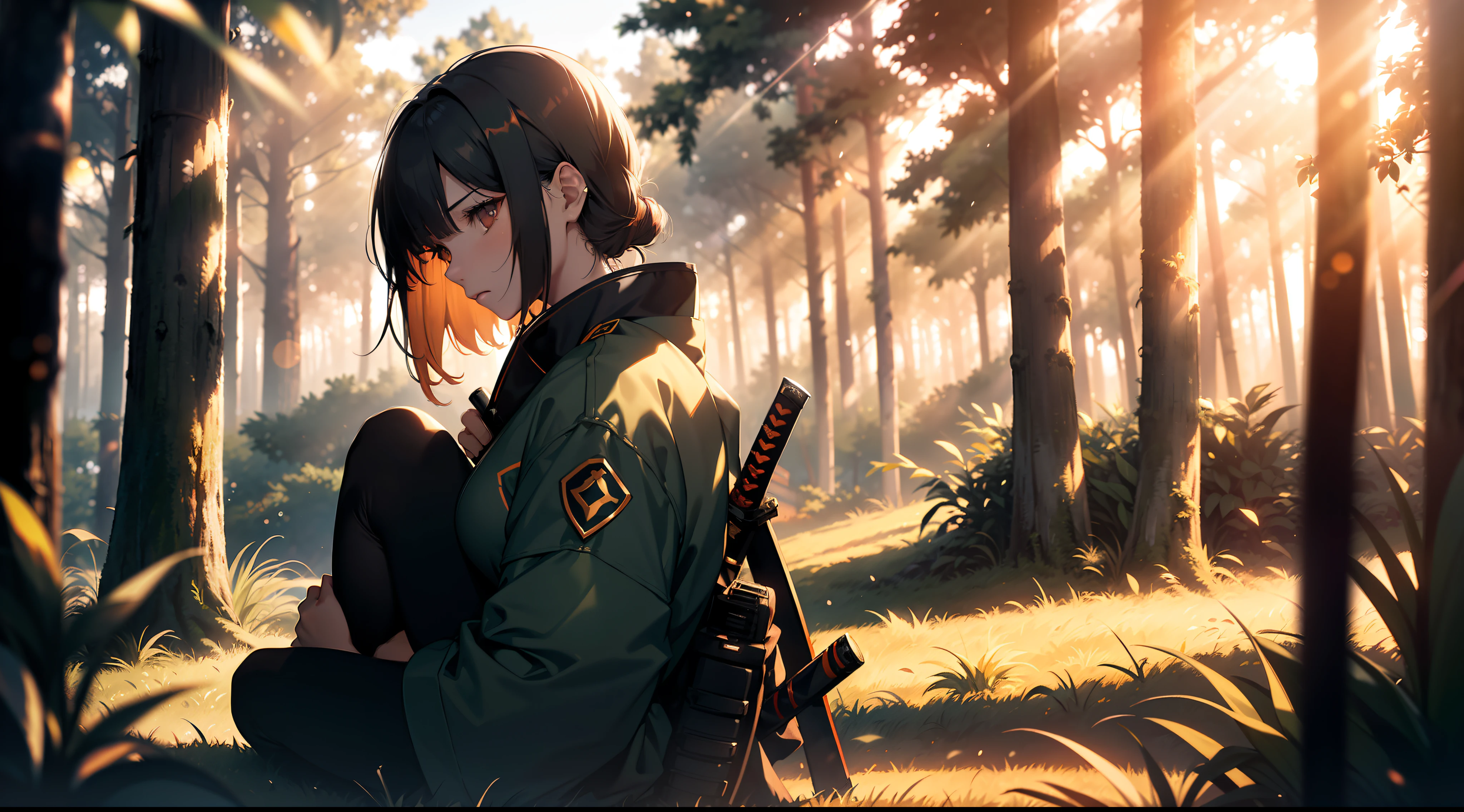 a woman in samurai uniform is sitting in a grassy forest when the sun is touching the horizon, she is looking at the ground and weeping in sadness with a katana by her side, We can see her side face, She is looking down at the ground, (((fully covered in uniform))), Specs of dust, ((cinematic)), visual clutter, She has a sword(katana) by her side. (Tall grass), Depressing mood, Volumetric lighting, God rays, Ray tracing, (((Bokeh, Depth of field))), Blur background, (((Gloomy))), Very gloomy environment, Sun is going down, Lonliness is setting in, (reddish-orangish tone), ((bokeh)), (((anatomically correct)))