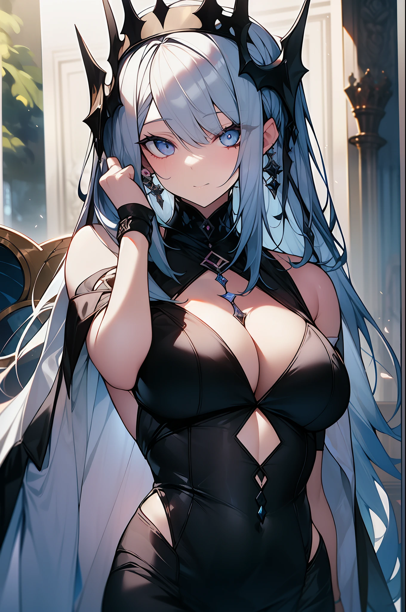 (obra maestra) (La mejor calidad) The goddess of madness. She has a mocking and sinister expression, wears tattered clothing, wears a tarnished crown and stands on a shattered throne. She is surrounded by a wind of chaotic fumes of strange colors. (Big breasts)