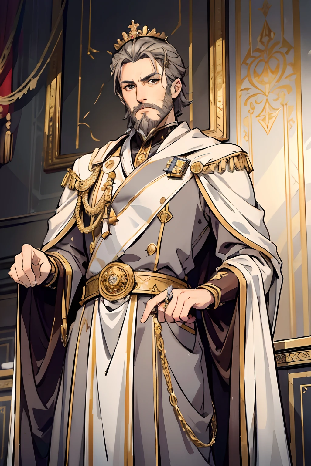 King, King's uniform, royal cloak, royal clothing, white grey gold clothing, adult, 45 years old, brown eyes detailed eyes, dark blond grey hair, very short hair, tall, beard, royal pose, masculine pose, golden crown, rings, masterpiece, royal background, Castle