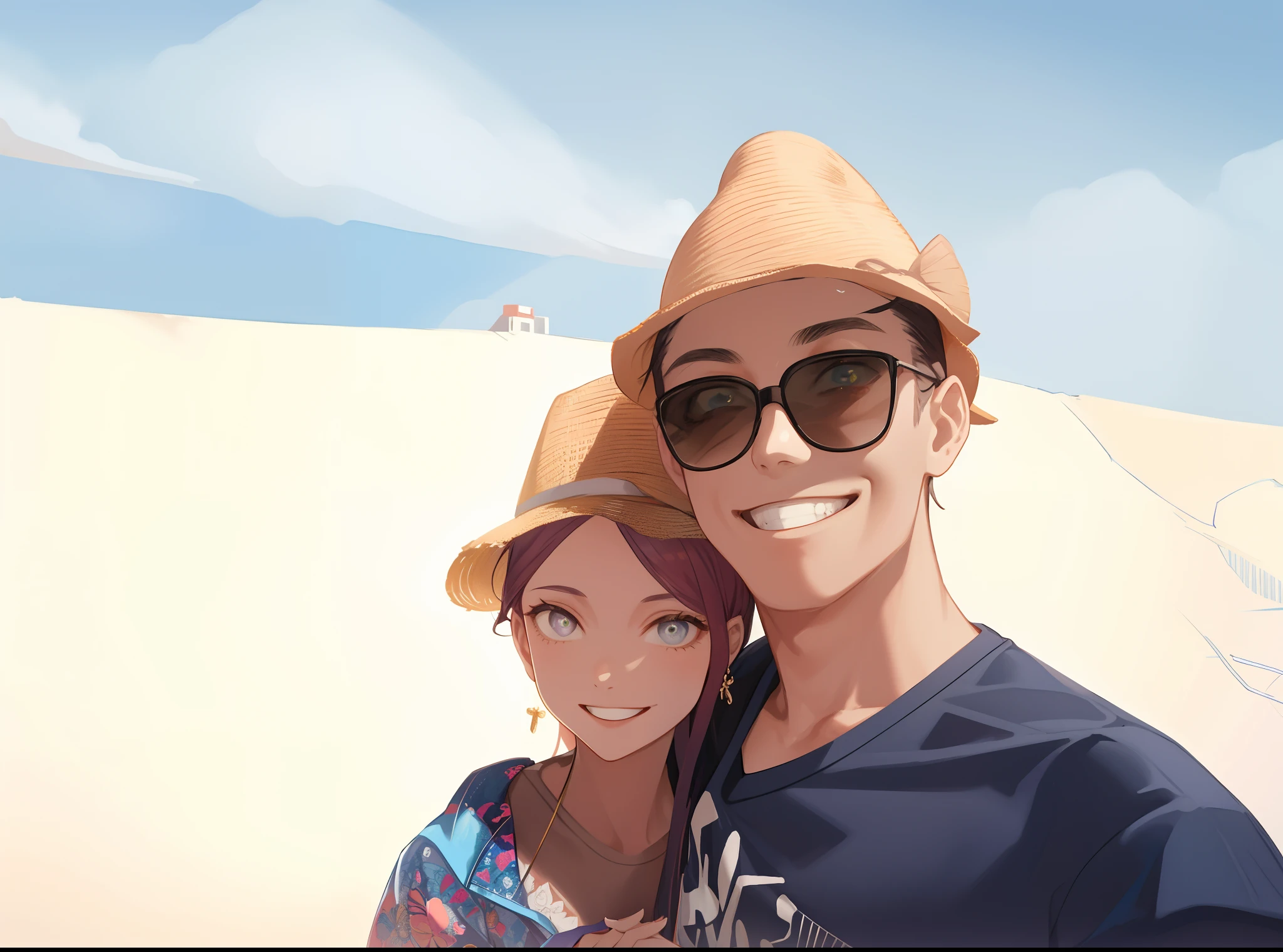 masterpiece, best quality, 2others, couple, 1man with 1woman, Height difference, happy, love, smile, casual clothes, oversized shirt, different fashions, modern urban street, holding hands, hat