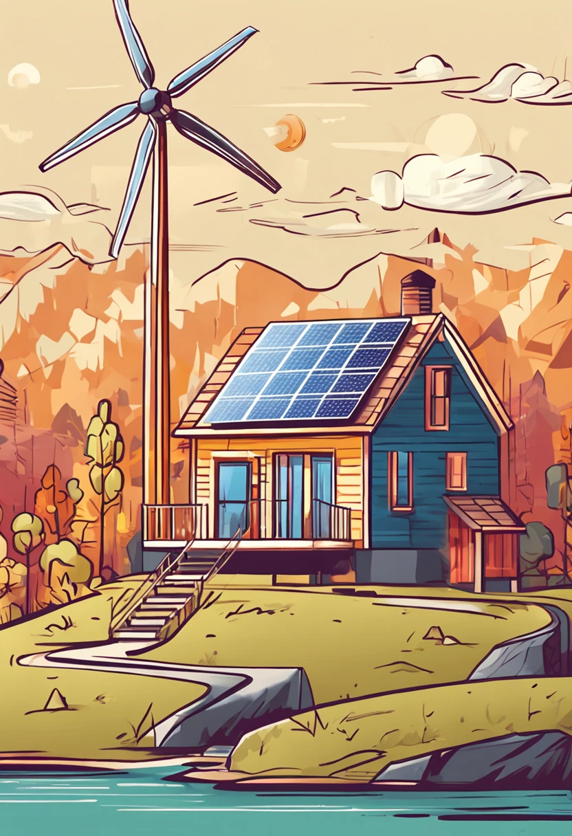 Tiny style illustration of House with solar panel and insulated wind turbine, Vector illustration, High resolution illustration.