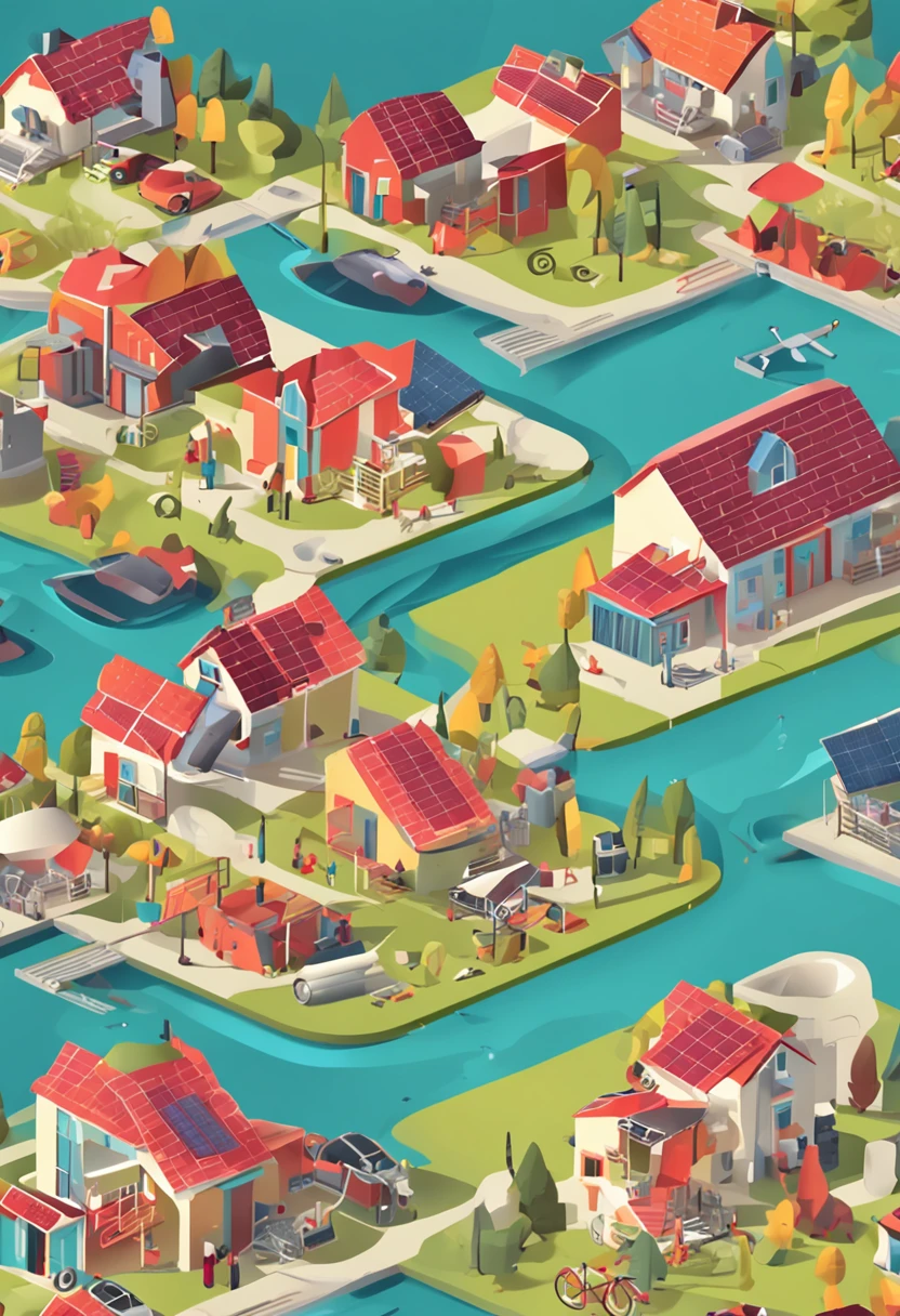 Tiny style illustration of House with solar panel and insulated wind turbine, Vector illustration, High resolution illustration.
