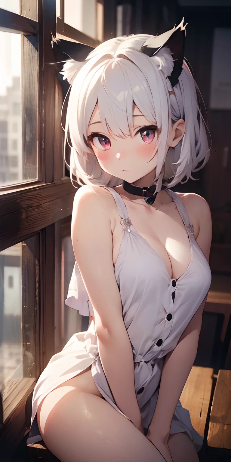 Anime girl with white hair and cat ears, ruby eyes, shy, blush, medium breast, bare legs, shoulders, dress, side view, high contrast, soft light, master piece, extraordinary nice, nsfw