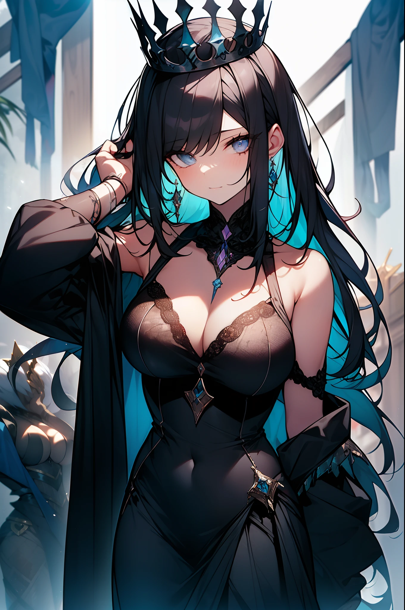 (obra maestra) (La mejor calidad) The goddess of madness. She has a mocking and sinister expression, wears tattered clothing, wears a tarnished crown and stands on a shattered throne. She is surrounded by a wind of chaotic fumes of strange colors. (Big breasts)