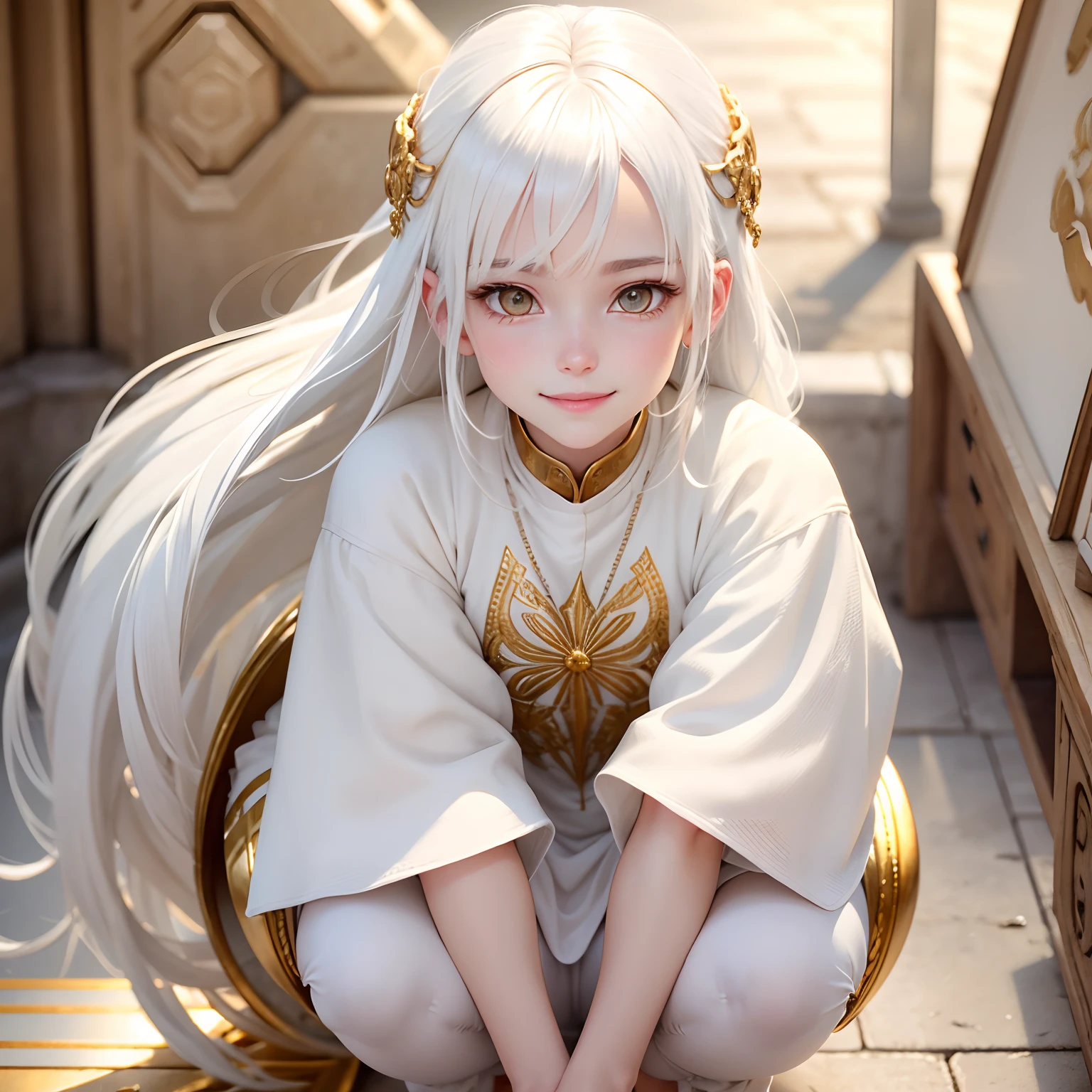 best quality, white hair, gold eyes, white clothes, looking up, hair strand, Fair skin, smiling, squatting