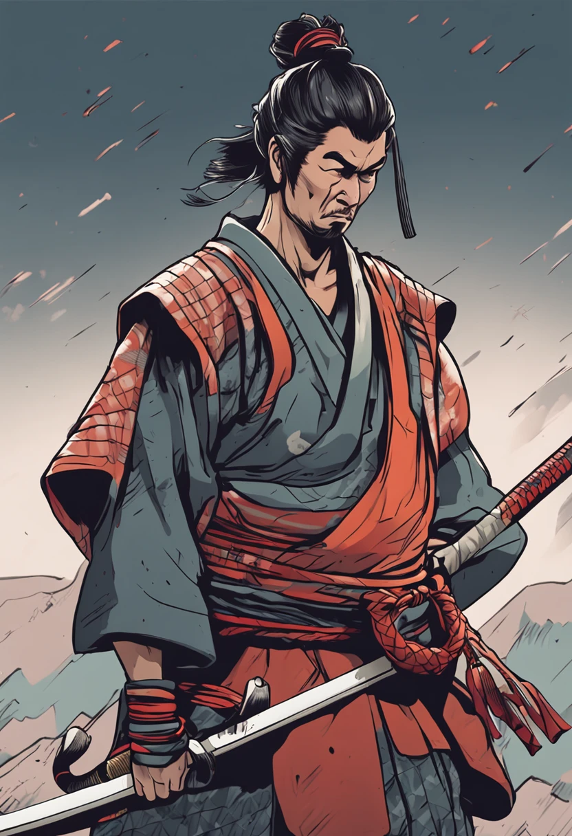 Japanese beautiful samurai half-squat head bowed eyes closed expression sad breeze blowing