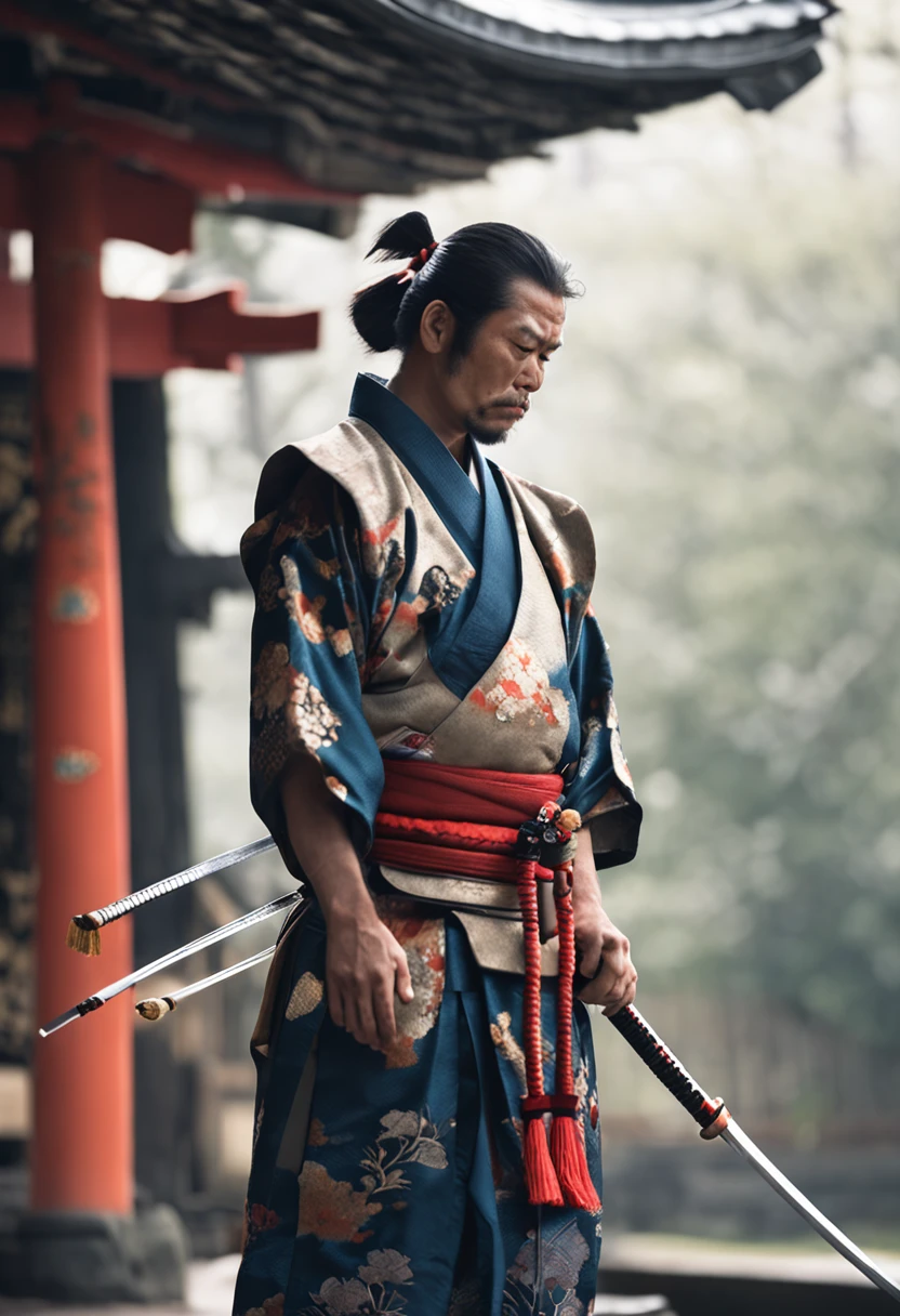 Japanese beautiful samurai half-squat head bowed eyes closed expression sad breeze blowing
