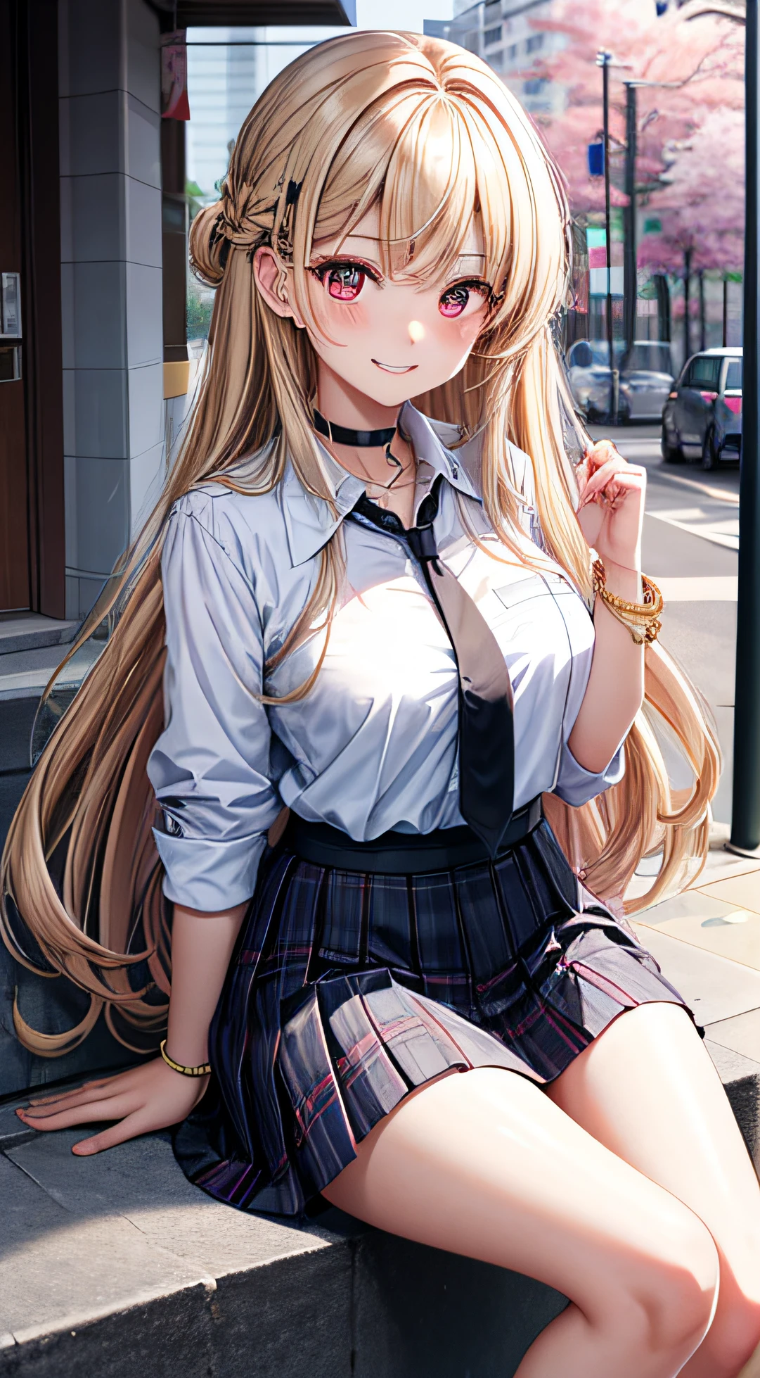 masterpiece, best quality, 1girl, long hair, bored, sitting, feet up, soles, forest bangs, black choker, black necktie, blonde hair, blue skirt, blush, bracelet, breasts, choker, clothes around waist, collarbone, collared shirt, cowboy shot, dress shirt, ear piercing, eyebrows visible through hair, gradient hair, grin, gyaru, jewelry, kogal, long hair, looking at viewer, loose necktie, necktie, piercing, plaid, plaid skirt, pleated skirt, red eyes, ring, school uniform, shirt, skirt, smile, solo, white shirt, street, sky, cherry blossoms, petals, 粉发，（比基尼）