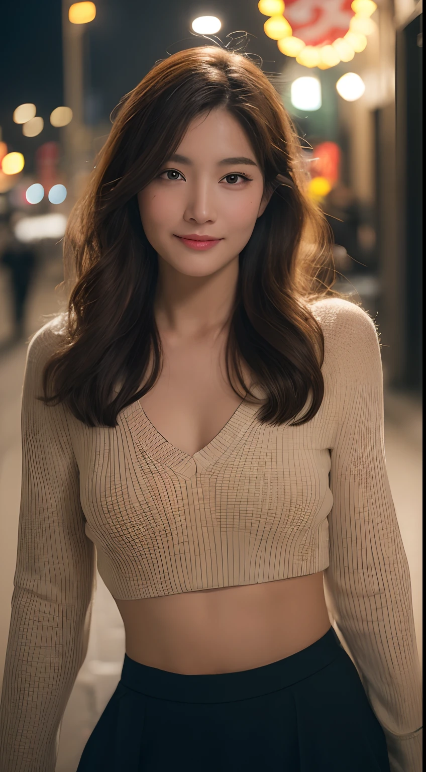 brown haired woman, 20 years old、Standing whole body、Street corner of Ginza at night、cabaret club、Hostess、goddes、bloom、lensflare、Smile here(8K、raw、proffesional、top-quality、masterpiece:1.2)、(realisitic、Photorealsitic:1.37)、ultra-detailliert、(25mm portrait front view)、(Highest Details Skins:1.2)、(Supreme Detail Face:1.2)、Cinematographic lighting、1womanl、japanes、She has long wavy brown hair upstyled、A sexy(cabaret club)、Walking on a street corner、Dramatic light、A smile on his cheek、shot from front、((top-quality、8K、masterpiece:1.3))、Beautiful woman with perfect figure:1.4、Slender Abs:1.3、((dark brown hair、Big beautiful:1.2))、Highly detailed facial and skin texture、A detailed eye、二重まぶた、(Focus、foco nítido:faces)、Beautiful and sexy、is standing、Staring at me、Beautiful body lines、abdominals、You can see through your big、Beautuful Women、From head to foot、Looking at the front