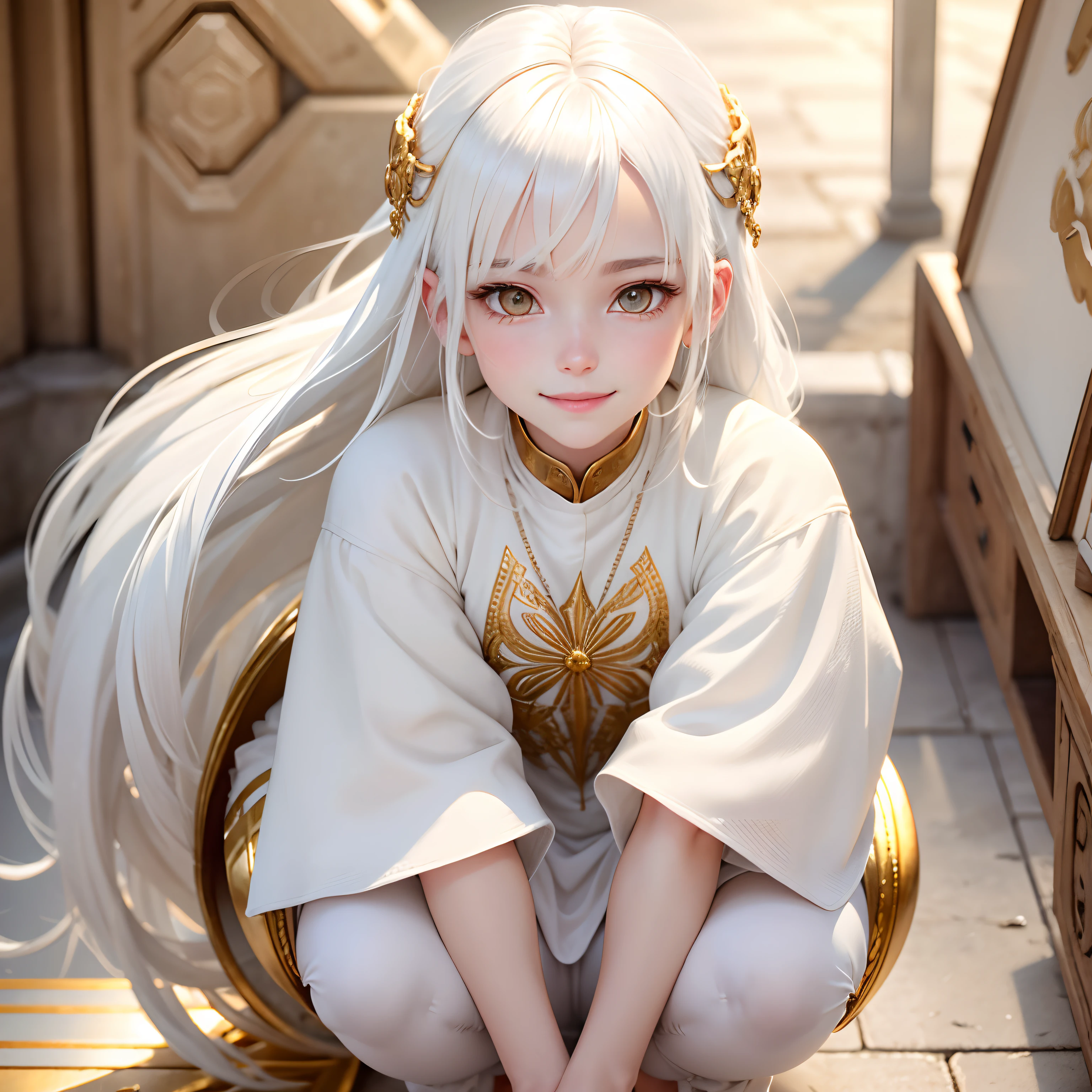 best quality, white hair, gold eyes, white clothes, looking up, hair strand, Fair skin, smiling, squatting