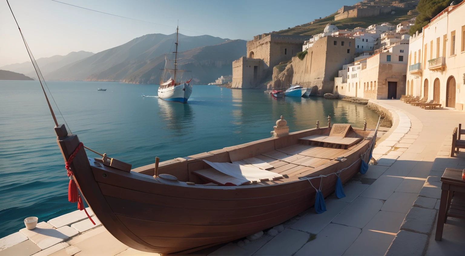 Ancient Phoenician boat, Port of Ancient Greece, port on the Greek sea in the first century, greek sea navigation boat, Phoenician transport boat, Ancient Phoenician boat with two sails in white and red colors, retrato de um porto na antiguidade