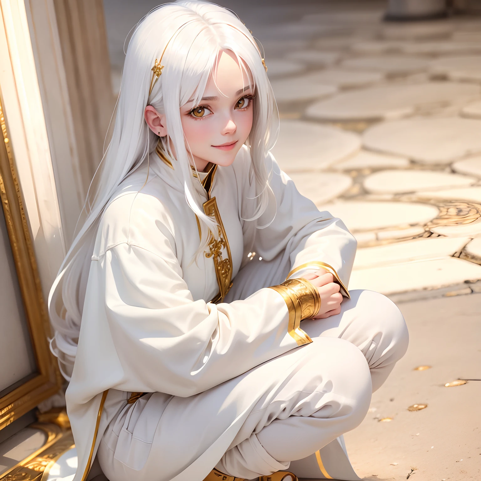 best quality, white hair, gold eyes, white clothes, looking up, hair strand, Fair skin, smiling, squatting