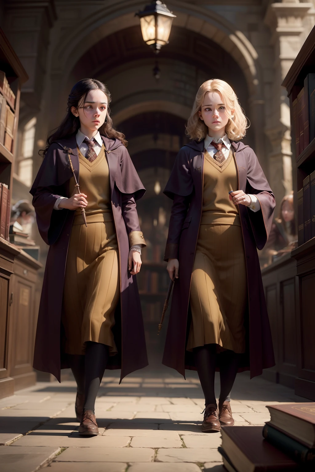 In Harry Potter style, two twin sisters use their magic wands to face the challenges of the mysterious library.