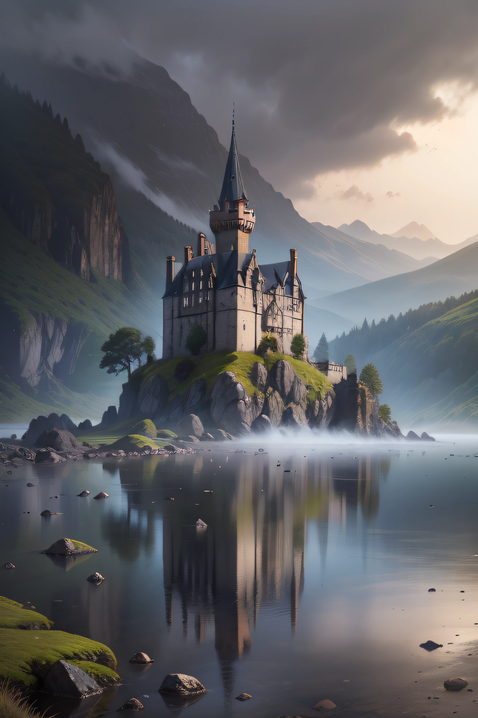 Scottish castle on the shore of a lake with a rocky misty background