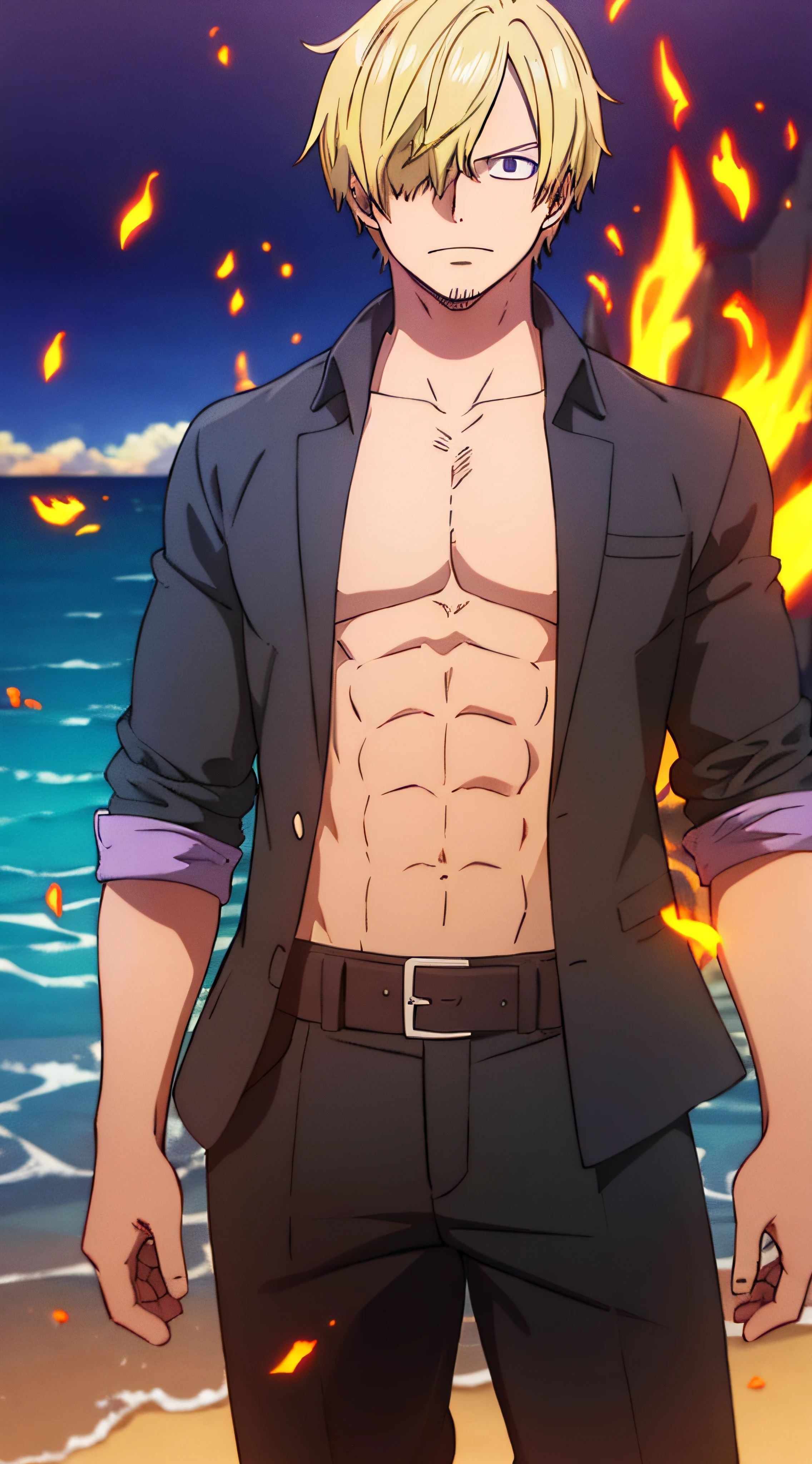 1boys, wanostyle, Sanji Vinsmoke, look viewer, Whole Body, ((masterpiece)), (Best quality), (Extremely detailed), Depth of field, sketch, dark intensive shadows, Sharp focus quality, hdr, Colorful, Good composition, Purple flames, spectacular, Closed shirt, Anime screenshots, getting ready to fight, Dark eyes,deep of field,ocean background,ship,sunrays,black clothes, purple hair