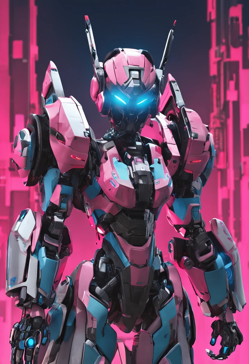 The cute beauty is wearing a mecha suit, holding a long knife in both hands, and behind her stands a mecha warrior