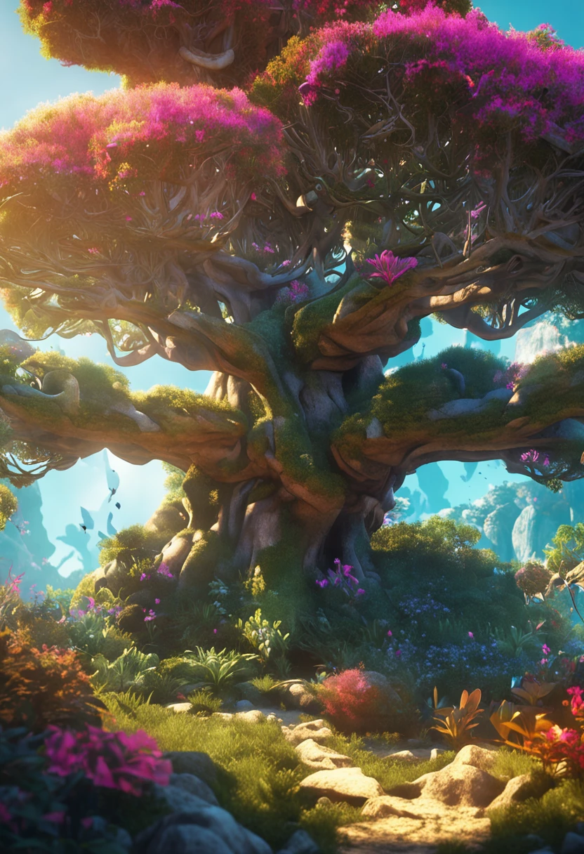 (extremamente detalhado CG unidade 8k papel de parede, master part, A highly detailed illustration),(best ilumination, Melhor sombra, um extremamente delicado e bonito),floating,exotic trees,floresta colorida,magical animals,magical powers,poderosos raios de luz solar,caminho iluminado pela luz solar.