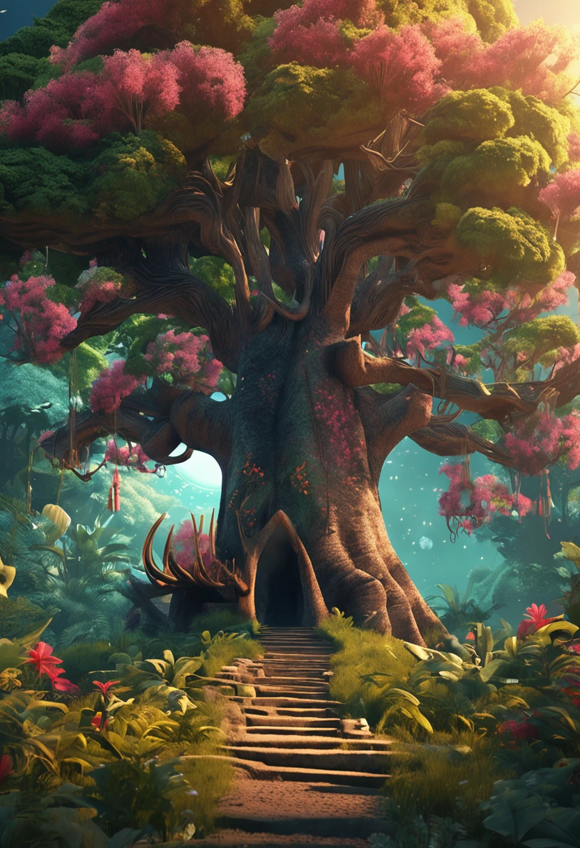 (extremamente detalhado CG unidade 8k papel de parede, master part, A highly detailed illustration),(best ilumination, Melhor sombra, um extremamente delicado e bonito),floating,exotic trees,floresta colorida,magical animals,magical powers,poderosos raios de luz solar,caminho iluminado pela luz solar.