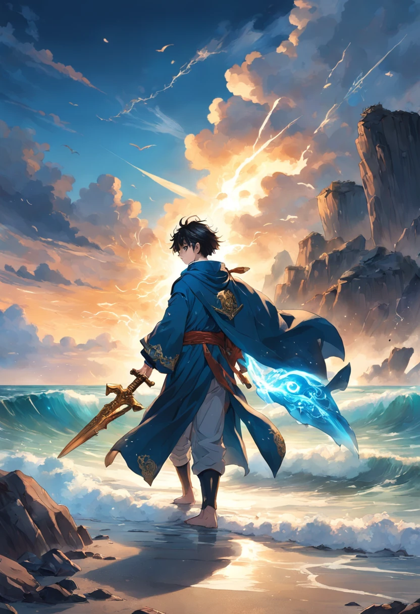 Marine style,Rocky beach with crashing waves,Cloud-filled blue sky,Golden sea at sunset,The boy stood up bravely,Holding a mysterious magic weapon that emits light,Wear a handsome cloak and mysterious talisman,Carrying a splendid legend,Closely connected to him is a sharp ancient weapon.