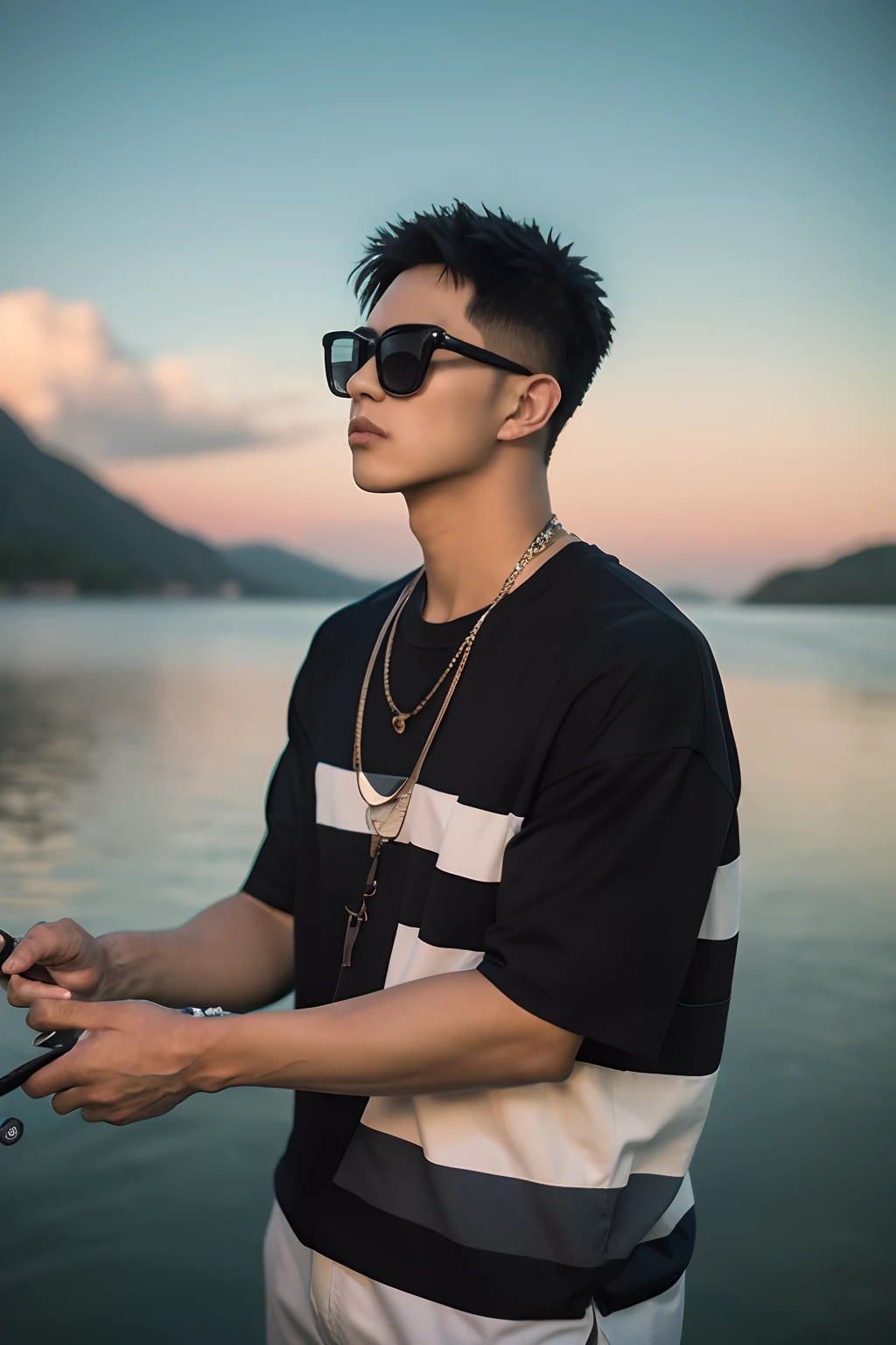 Best quality,Masterpiece,超高分辨率,(Realisticity:1.4),Original photo,Cinematic lighting,
1boy,Hold a fishing rod，Fishing in the lake，Wear casual clothes，With sunglasses