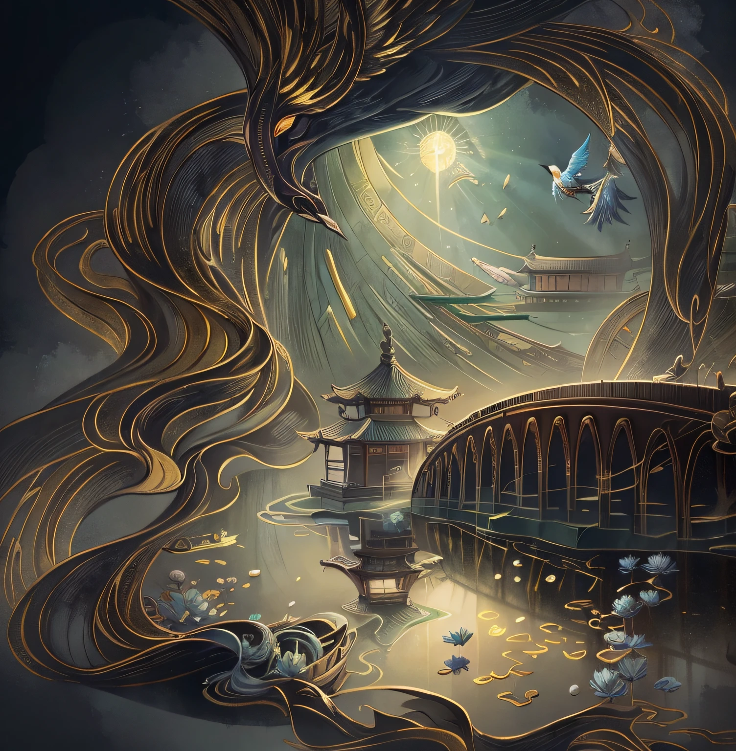 Draw a bird flying over a pond，In the background is a pagoda, inspired by Tawaraya Sōtatsu, ，rays of sunshine，tmasterpiece，super detailing，Epic composition，hyper HD，high qulity，extremely detaile，offcial art，Unity8k wallpapers，super detailing，32k - v 6